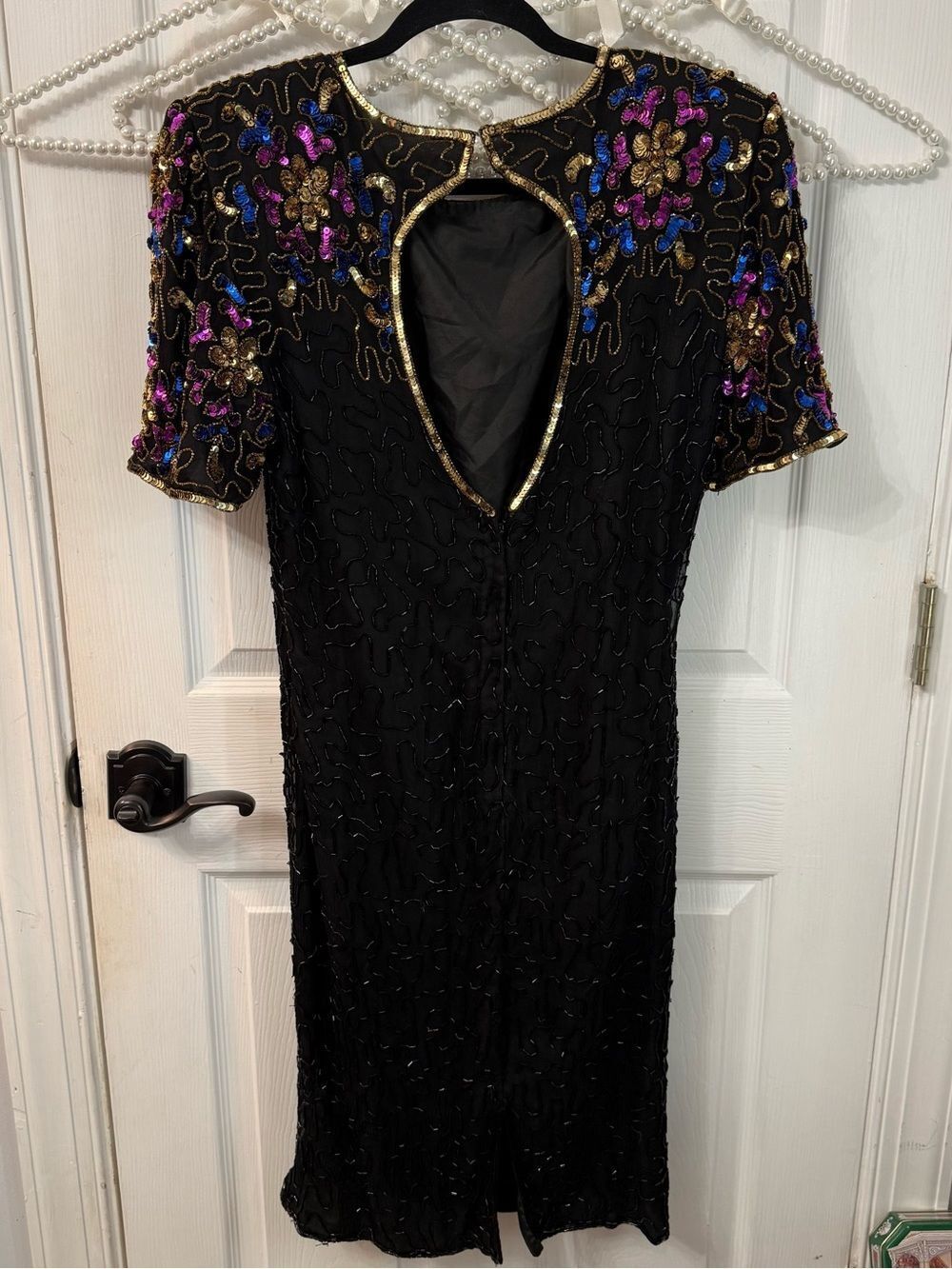 Vintage Embellished Black Cocktail Dress w/ Multicolor Floral Beading NYE Dress - Picture 9 of 15